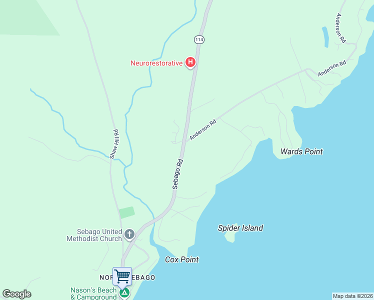 map of restaurants, bars, coffee shops, grocery stores, and more near 920 Sebago Road in Sebago