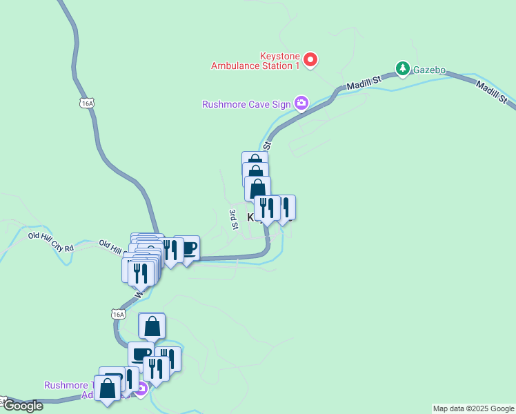 map of restaurants, bars, coffee shops, grocery stores, and more near 415 1st Street in Keystone