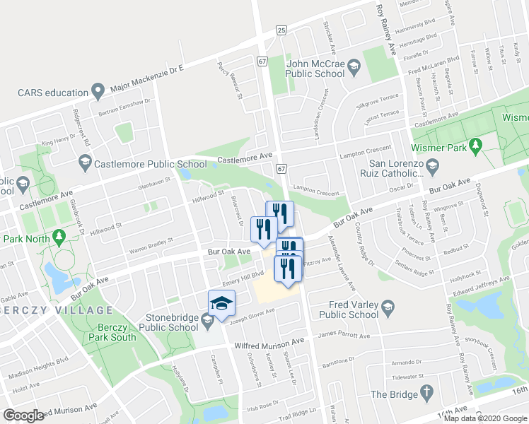 map of restaurants, bars, coffee shops, grocery stores, and more near 22 Warrington Way in Markham