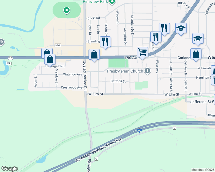 map of restaurants, bars, coffee shops, grocery stores, and more near 121 Susan Ct in West Salem