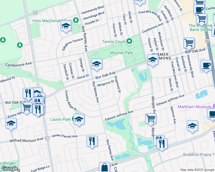 map of restaurants, bars, coffee shops, grocery stores, and more near 37 Baintree Street in Markham