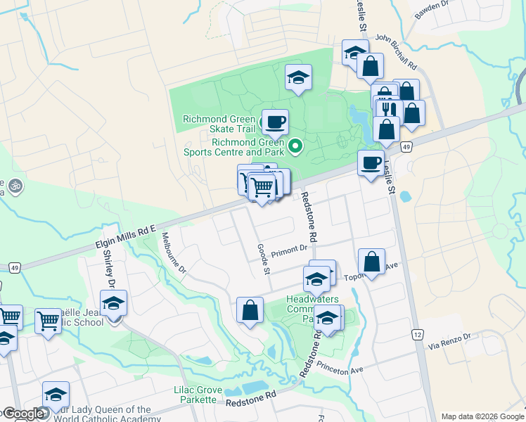 map of restaurants, bars, coffee shops, grocery stores, and more near 1285 Elgin Mills Road East in Richmond Hill