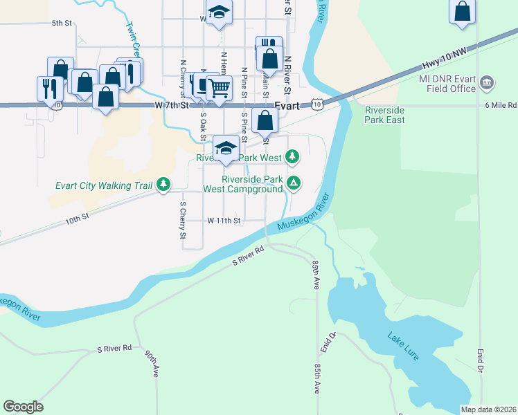 map of restaurants, bars, coffee shops, grocery stores, and more near 430 South Main Street in Evart
