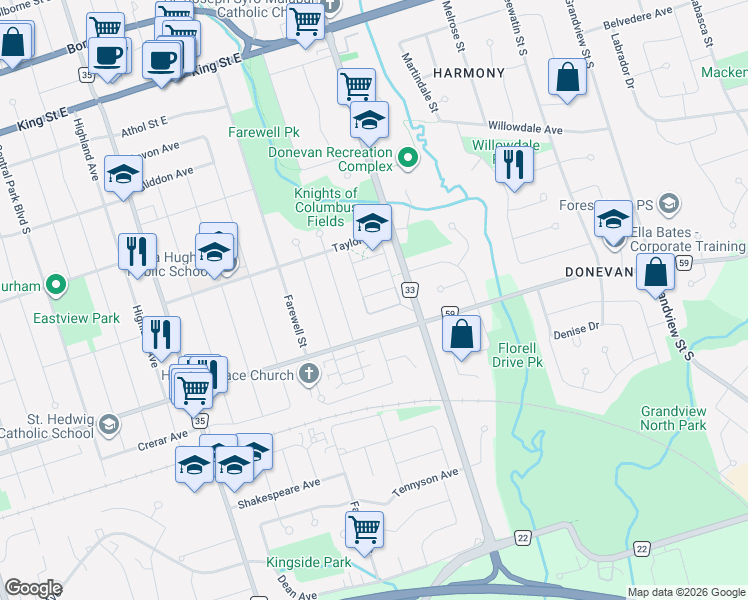 map of restaurants, bars, coffee shops, grocery stores, and more near 771 Eddystone Path in Oshawa