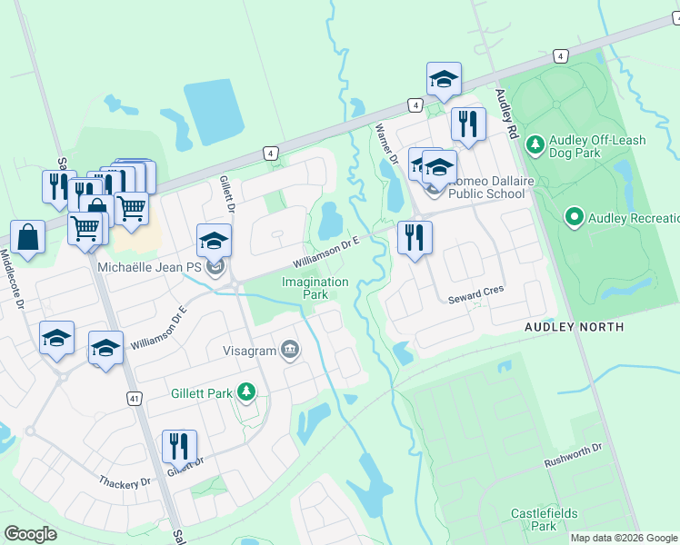 map of restaurants, bars, coffee shops, grocery stores, and more near in Ajax