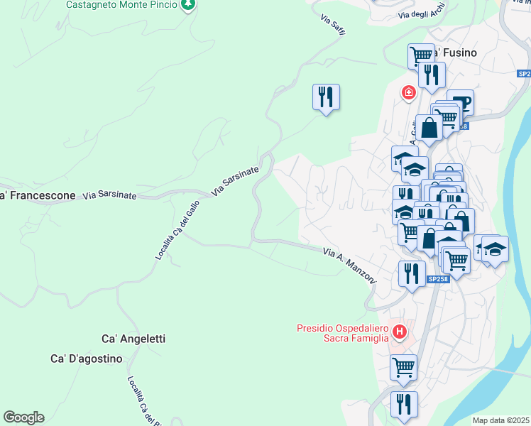 map of restaurants, bars, coffee shops, grocery stores, and more near 38 Via A. Manzoni in Provincia di Rimini