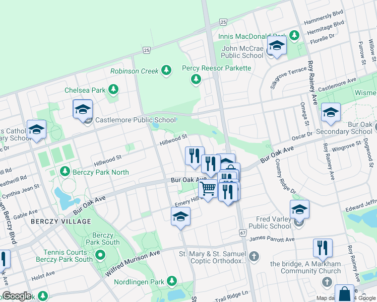 map of restaurants, bars, coffee shops, grocery stores, and more near 60 Briarcrest Drive in Markham