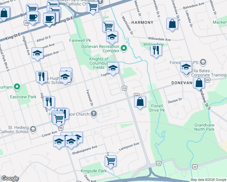 map of restaurants, bars, coffee shops, grocery stores, and more near 771 Eddystone Path in Oshawa