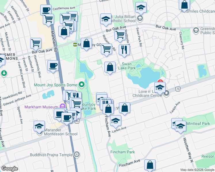 map of restaurants, bars, coffee shops, grocery stores, and more near in Markham