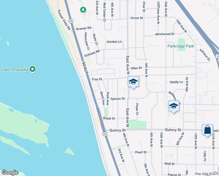 map of restaurants, bars, coffee shops, grocery stores, and more near 930 Park Avenue in Onalaska