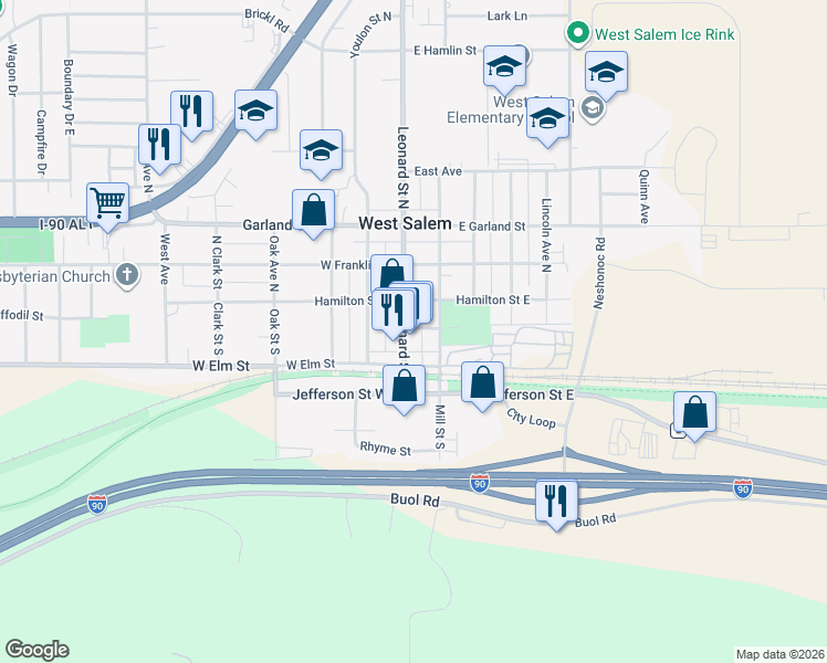map of restaurants, bars, coffee shops, grocery stores, and more near 143 Leonard Street South in West Salem