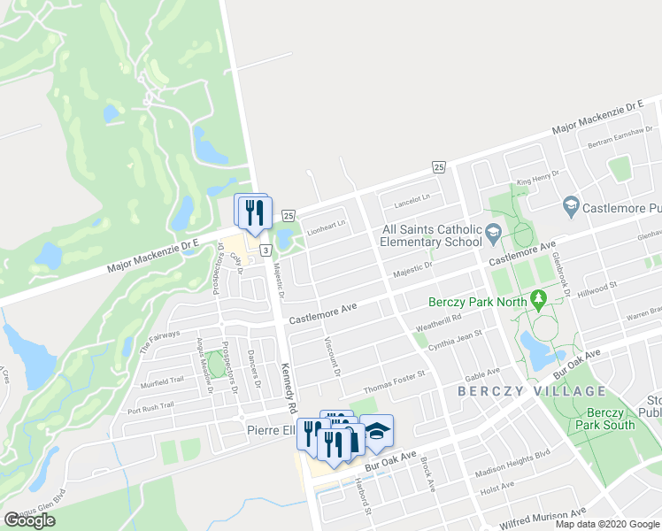 map of restaurants, bars, coffee shops, grocery stores, and more near 9 Saxony Drive in Markham