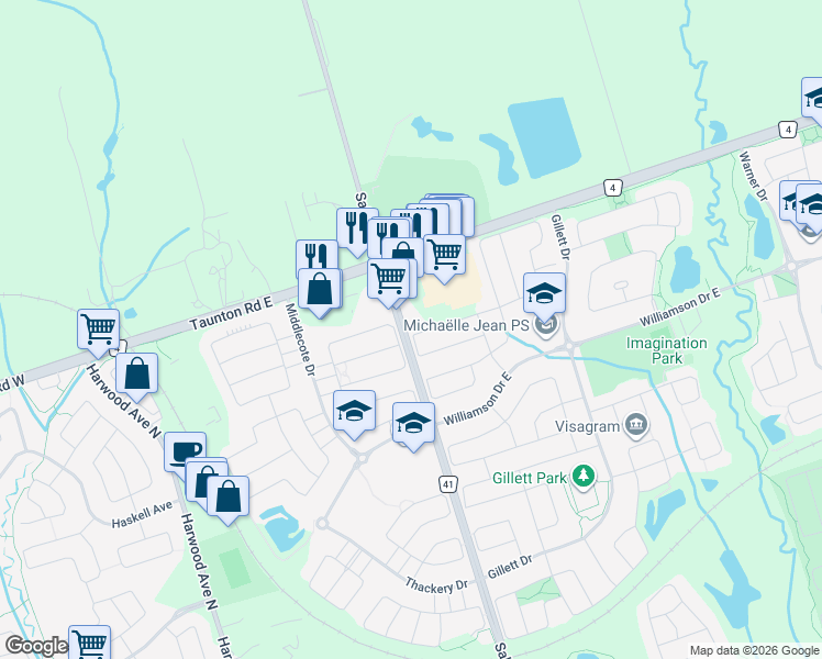 map of restaurants, bars, coffee shops, grocery stores, and more near 102 Elliottglen Drive in Ajax