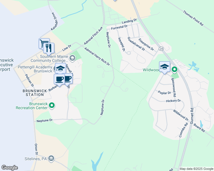 map of restaurants, bars, coffee shops, grocery stores, and more near 6 Lupine Circle in Brunswick