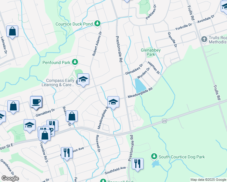 map of restaurants, bars, coffee shops, grocery stores, and more near 57 Glen Eagles Drive in Courtice