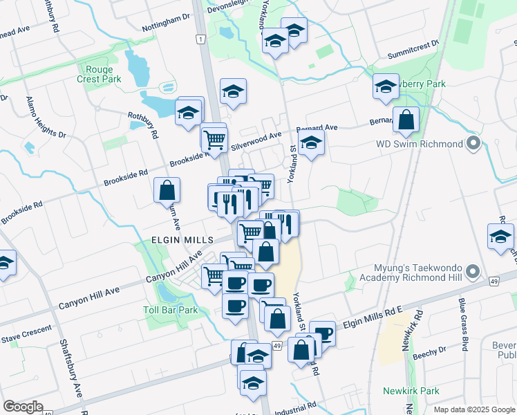 map of restaurants, bars, coffee shops, grocery stores, and more near 11005 Yonge Street in Richmond Hill