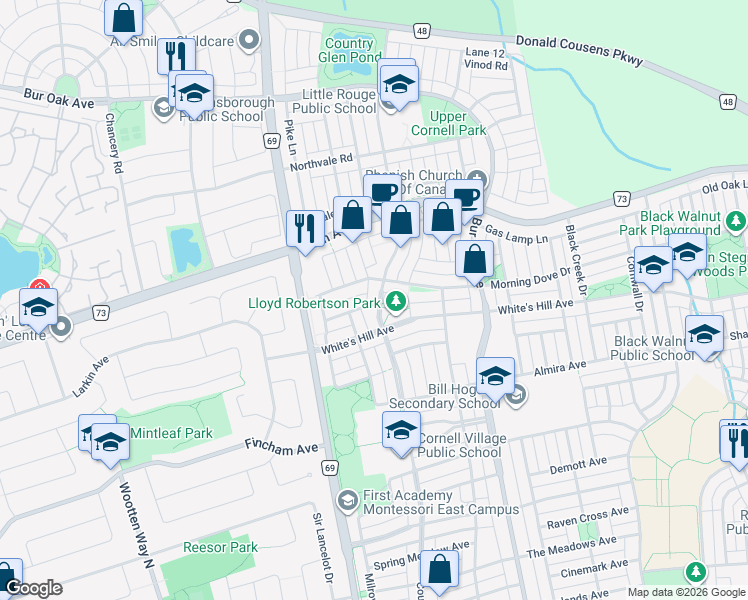 map of restaurants, bars, coffee shops, grocery stores, and more near 332 Country Glen Road in Markham