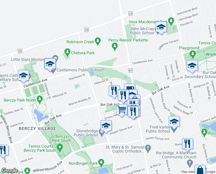map of restaurants, bars, coffee shops, grocery stores, and more near 41 Charles Sturdy Road in Markham