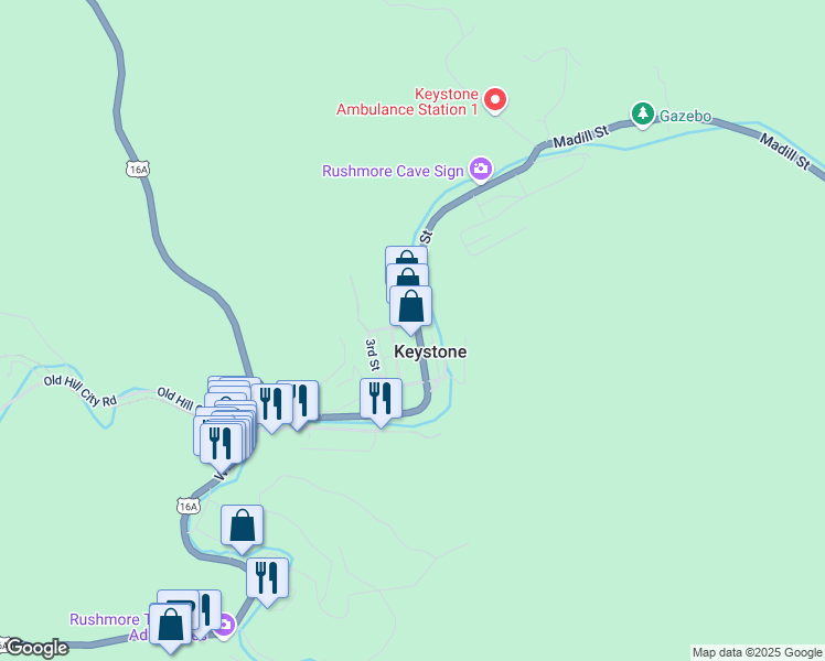map of restaurants, bars, coffee shops, grocery stores, and more near 415 1st Street in Keystone