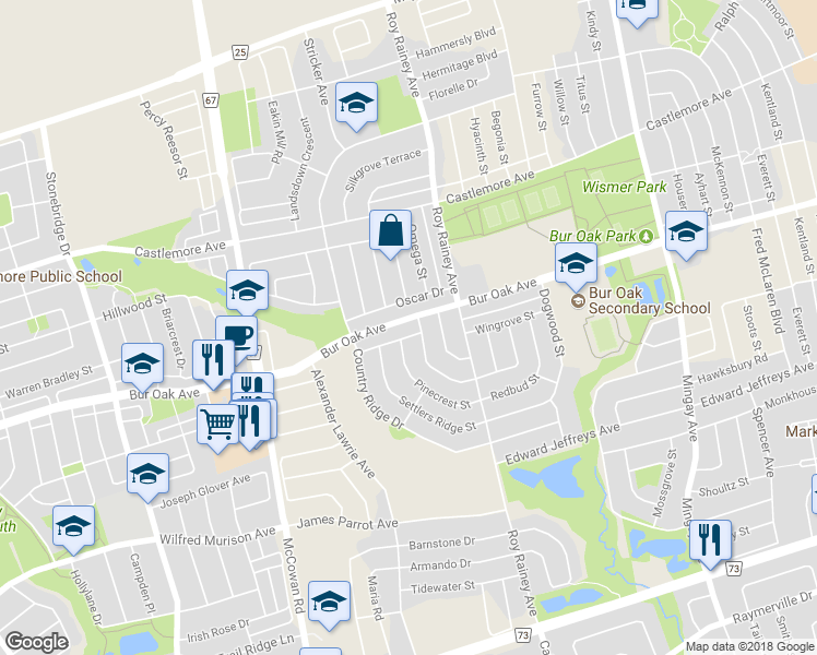 map of restaurants, bars, coffee shops, grocery stores, and more near 775 Bur Oak Avenue in Markham