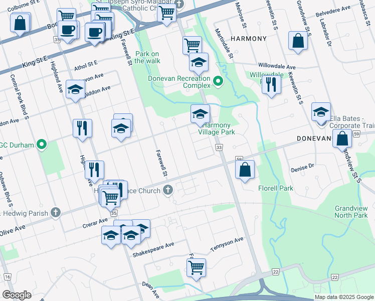 map of restaurants, bars, coffee shops, grocery stores, and more near 291 Linden Street in Oshawa