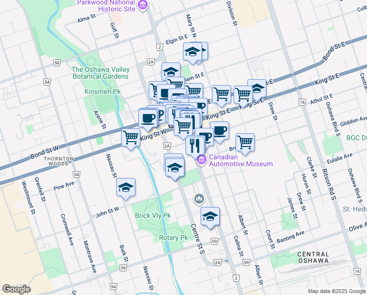map of restaurants, bars, coffee shops, grocery stores, and more near in Oshawa