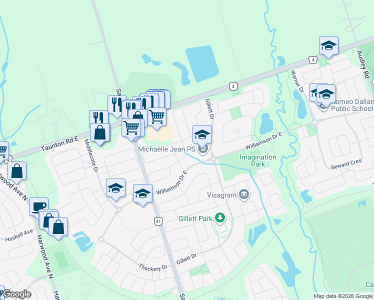 map of restaurants, bars, coffee shops, grocery stores, and more near 11 Gamble Drive in Ajax