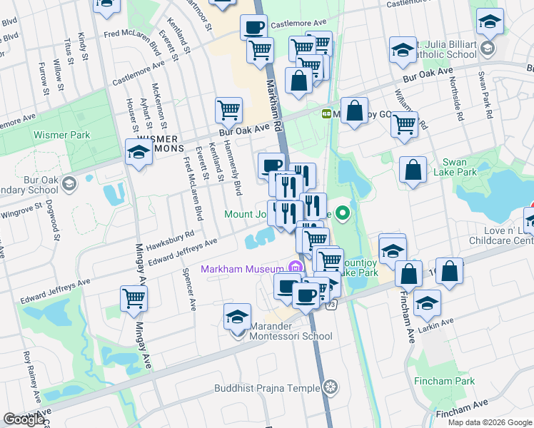 map of restaurants, bars, coffee shops, grocery stores, and more near 73 Eastern Skies Way in Markham