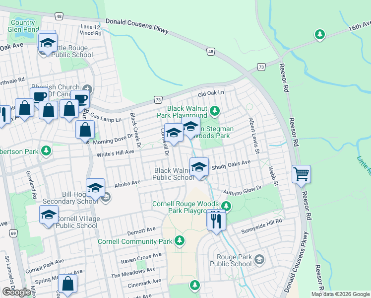 map of restaurants, bars, coffee shops, grocery stores, and more near 387 White's Hill Avenue in Markham