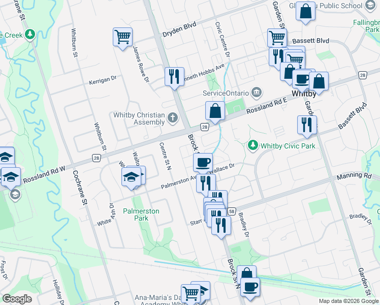 map of restaurants, bars, coffee shops, grocery stores, and more near 59 Rimrock Crescent in Whitby