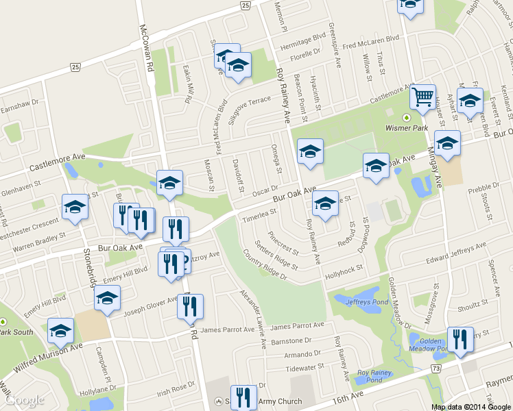 map of restaurants, bars, coffee shops, grocery stores, and more near 753 Bur Oak Avenue in Markham