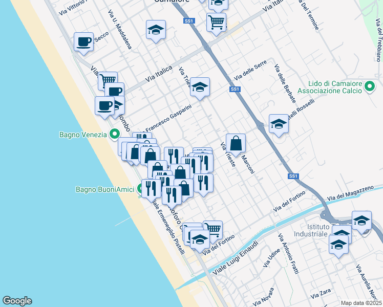 map of restaurants, bars, coffee shops, grocery stores, and more near 47 Via Vittorio Veneto in Camaiore