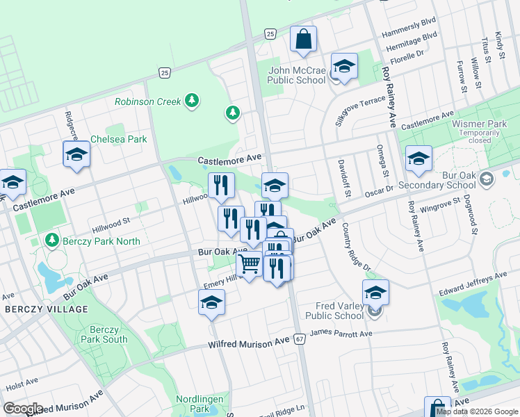 map of restaurants, bars, coffee shops, grocery stores, and more near 27 Warrington Way in Markham