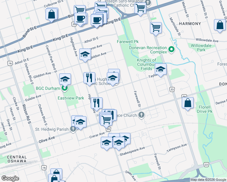 map of restaurants, bars, coffee shops, grocery stores, and more near 246 Baldwin Street in Oshawa