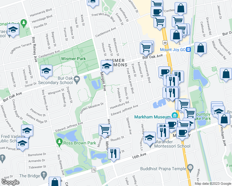 map of restaurants, bars, coffee shops, grocery stores, and more near 45 Wermoth Court in Markham