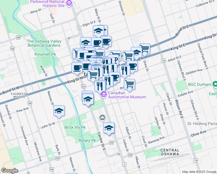 map of restaurants, bars, coffee shops, grocery stores, and more near in Oshawa