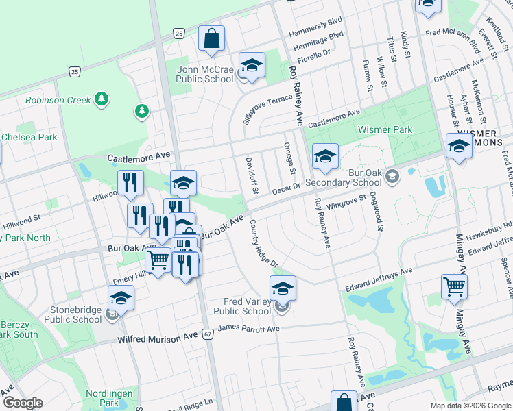map of restaurants, bars, coffee shops, grocery stores, and more near 732 Bur Oak Avenue in Markham