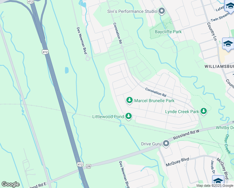 map of restaurants, bars, coffee shops, grocery stores, and more near 130 Auckland Drive in Whitby