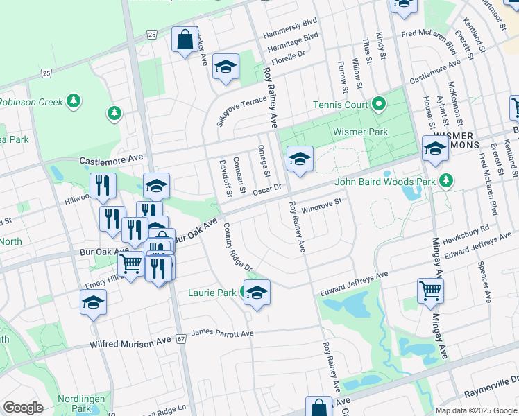 map of restaurants, bars, coffee shops, grocery stores, and more near 777 Bur Oak Avenue in Markham