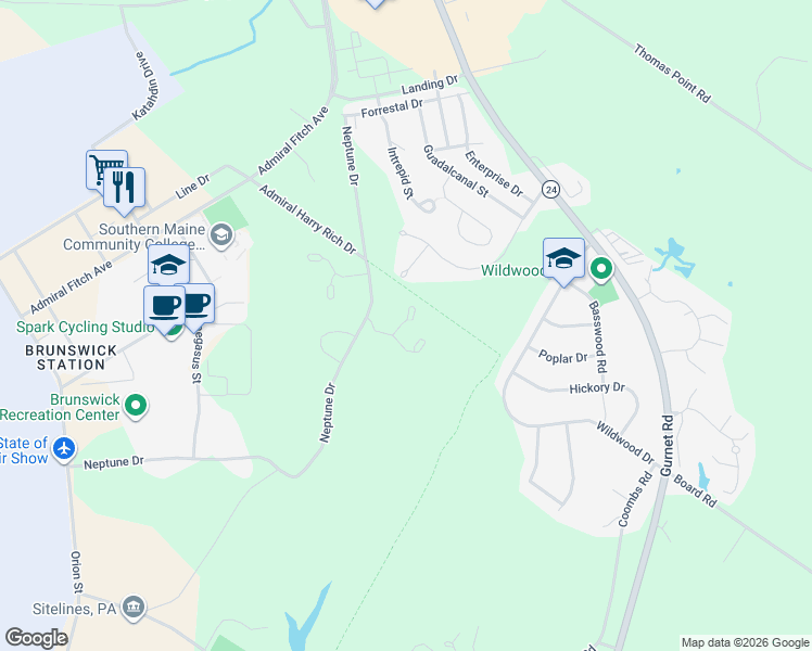 map of restaurants, bars, coffee shops, grocery stores, and more near 8 Beaver Pond Road in Brunswick