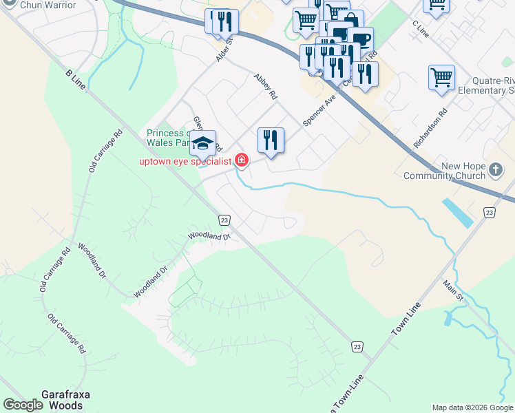 map of restaurants, bars, coffee shops, grocery stores, and more near 39 Sandringham Circle in Orangeville