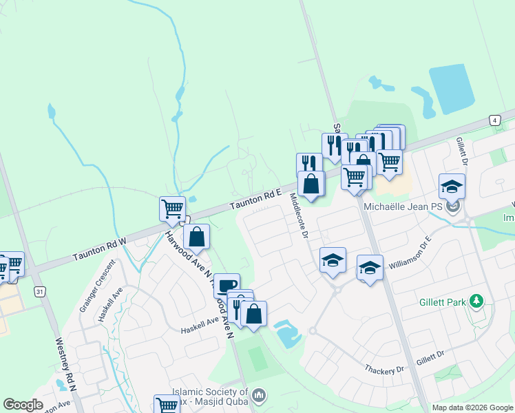 map of restaurants, bars, coffee shops, grocery stores, and more near 45 Warnford Circle in Ajax