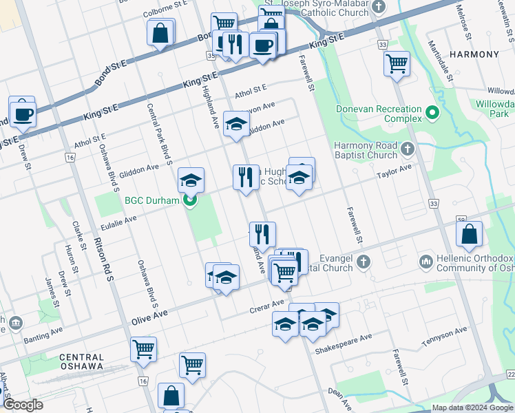 map of restaurants, bars, coffee shops, grocery stores, and more near 226 Wilson Road South in Oshawa