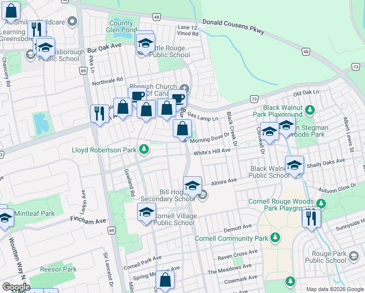 map of restaurants, bars, coffee shops, grocery stores, and more near 2723 Bur Oak Avenue in Markham