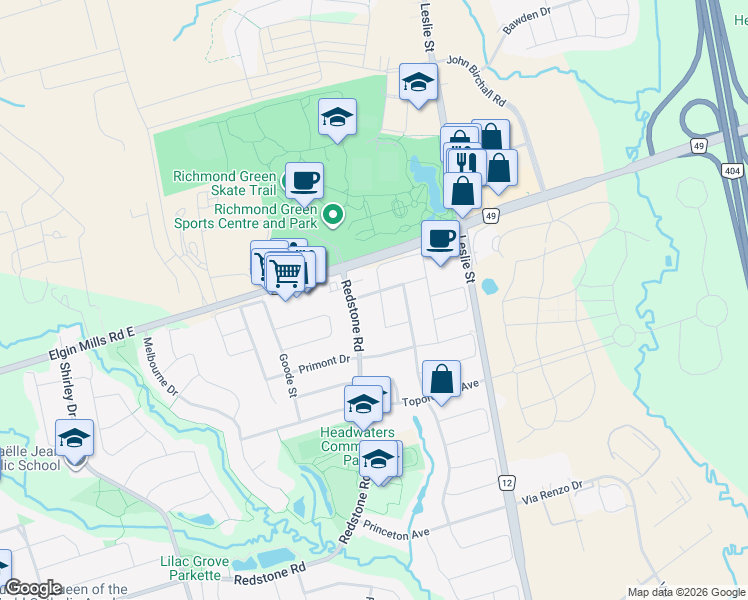 map of restaurants, bars, coffee shops, grocery stores, and more near 21 Alvarado Avenue in Richmond Hill