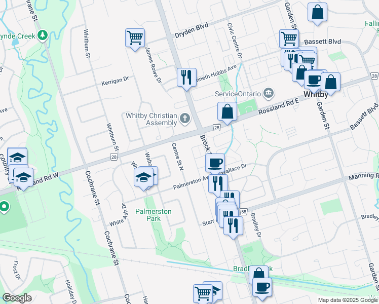 map of restaurants, bars, coffee shops, grocery stores, and more near 1044 Byron Street North in Whitby
