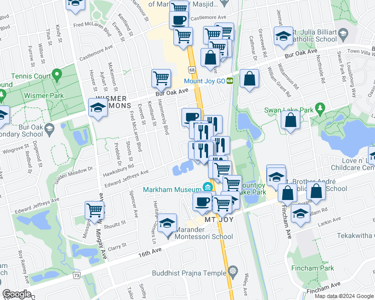 map of restaurants, bars, coffee shops, grocery stores, and more near 71 Eastern Skies Way in Markham
