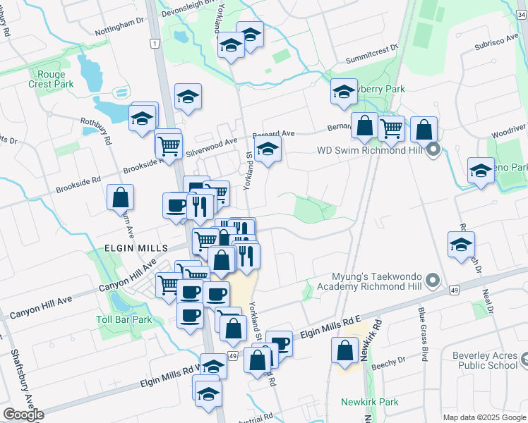 map of restaurants, bars, coffee shops, grocery stores, and more near 11 Squire Drive in Richmond Hill