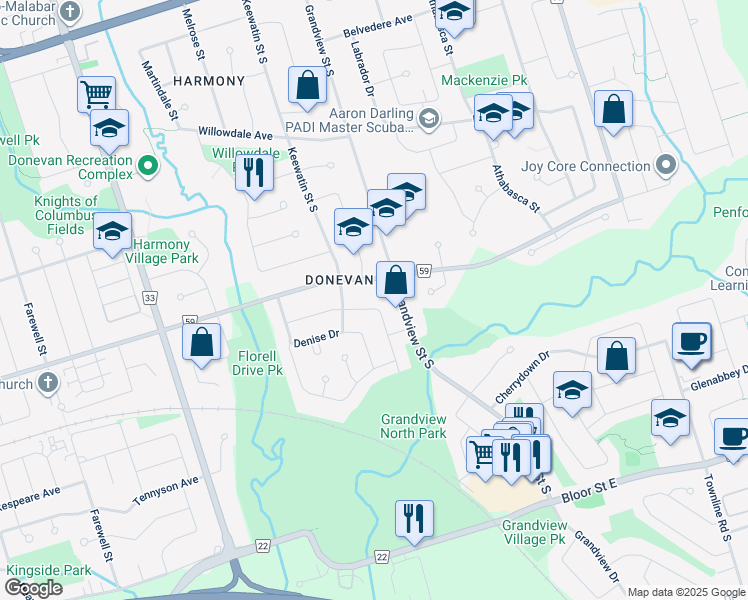 map of restaurants, bars, coffee shops, grocery stores, and more near 1058 Ronlea Avenue in Oshawa