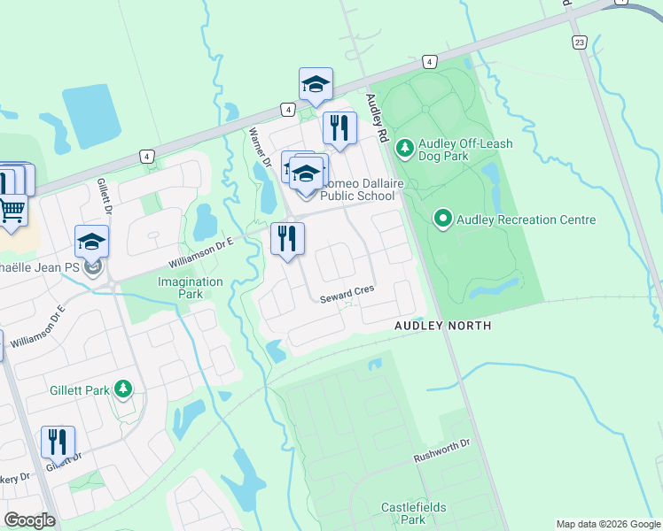 map of restaurants, bars, coffee shops, grocery stores, and more near 10 Colleridge Street in Ajax
